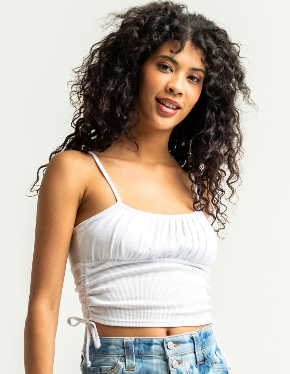 SKY AND SPARROW Solid Cinch Side Womens White Ruche Cami - WHITE | Tillys