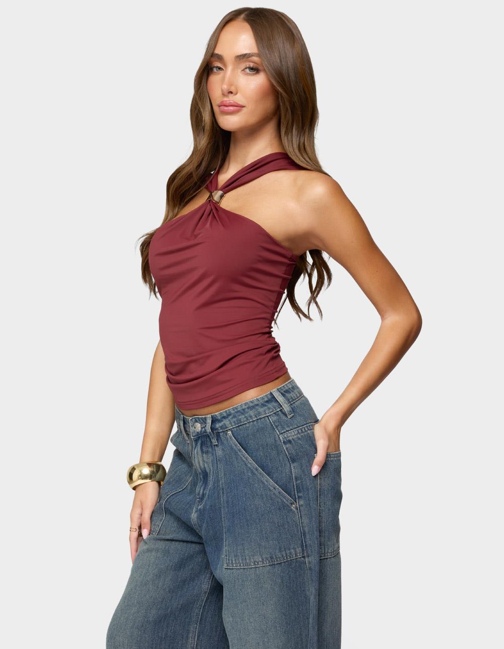 EDIKTED Cielle Wide Strap Gathered Top - DK RED