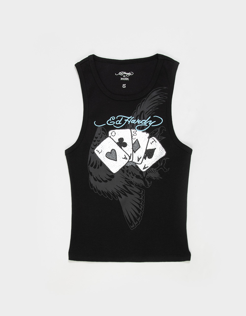 ED HARDY x MGK Lost Cards Rhinestone Womens Tank Top - BLACK