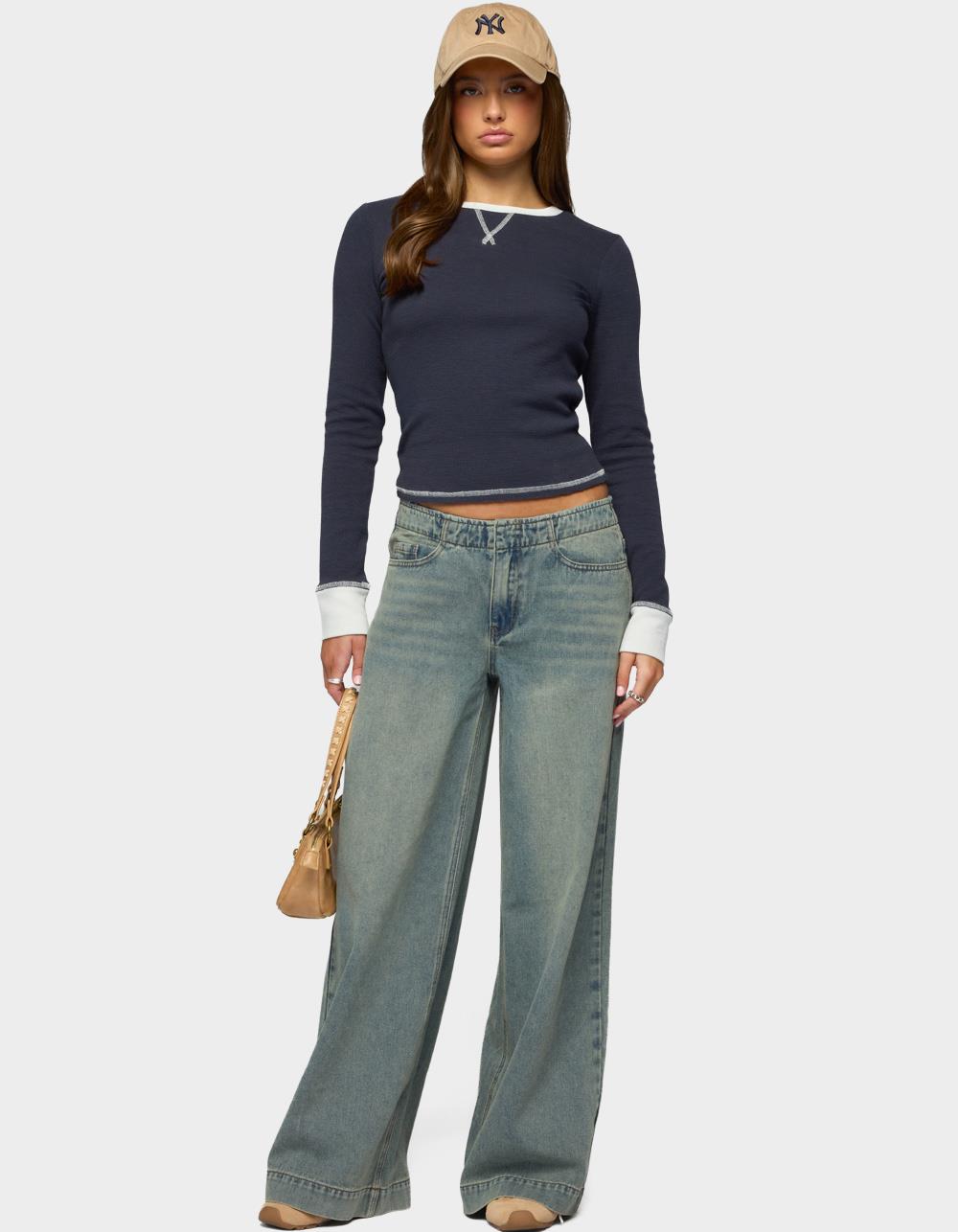 EDIKTED Rora Contrast Long Sleeve Waffle Top - NAVY