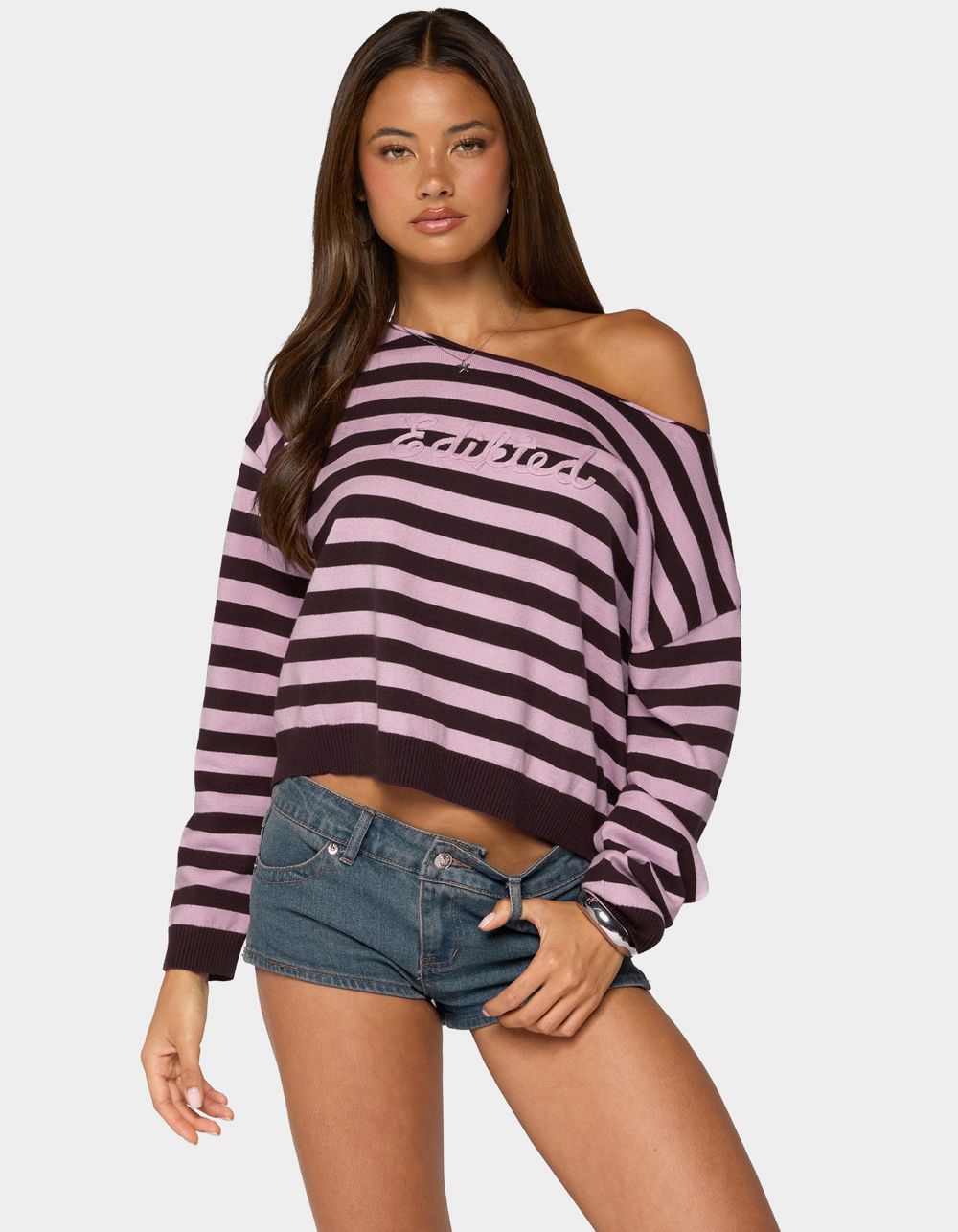 Edikted Campus Striped Knit Sweater - DK RED