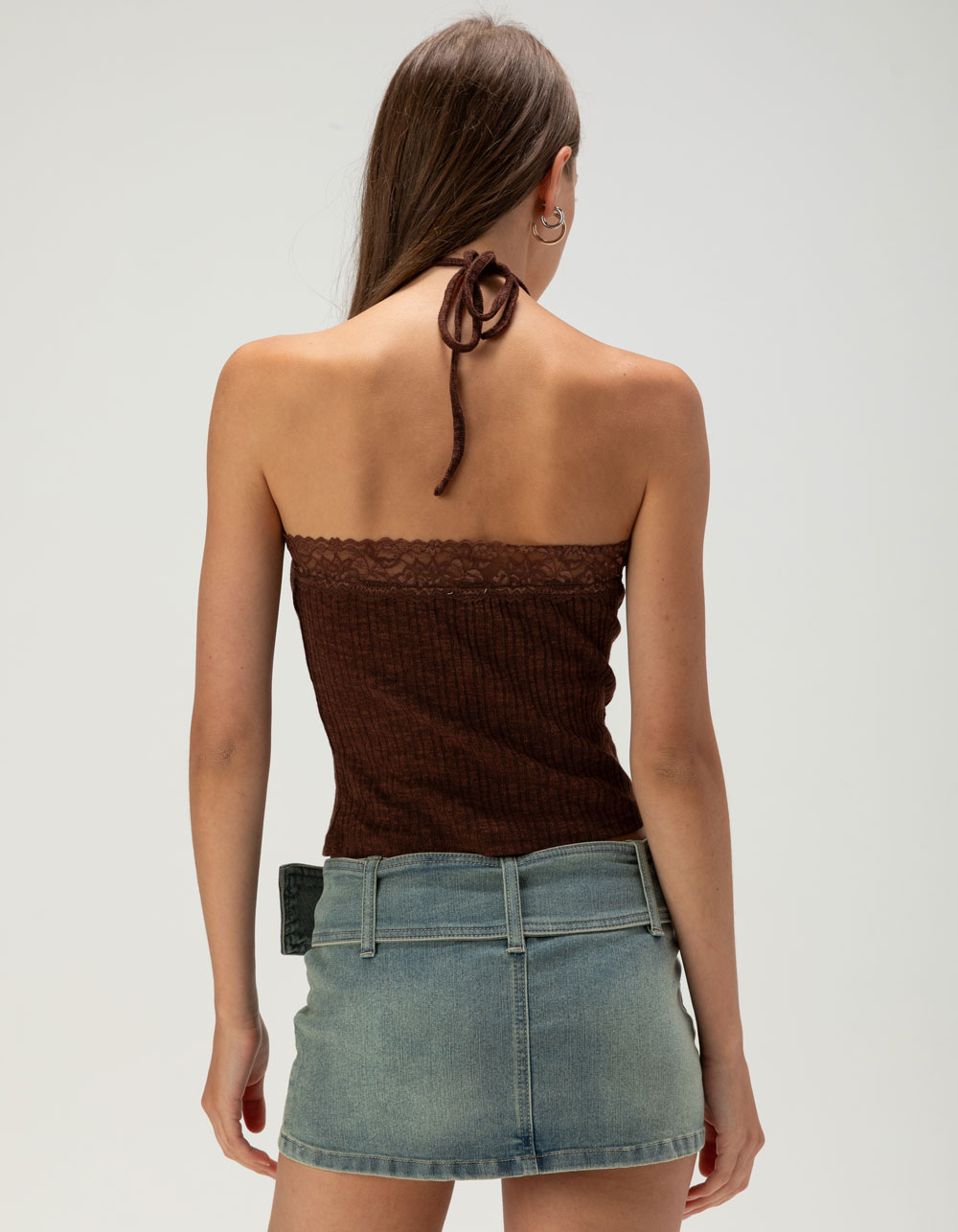 WEST OF MELROSE Lace Trim Y-Neck Womens Halter Top - BROWN