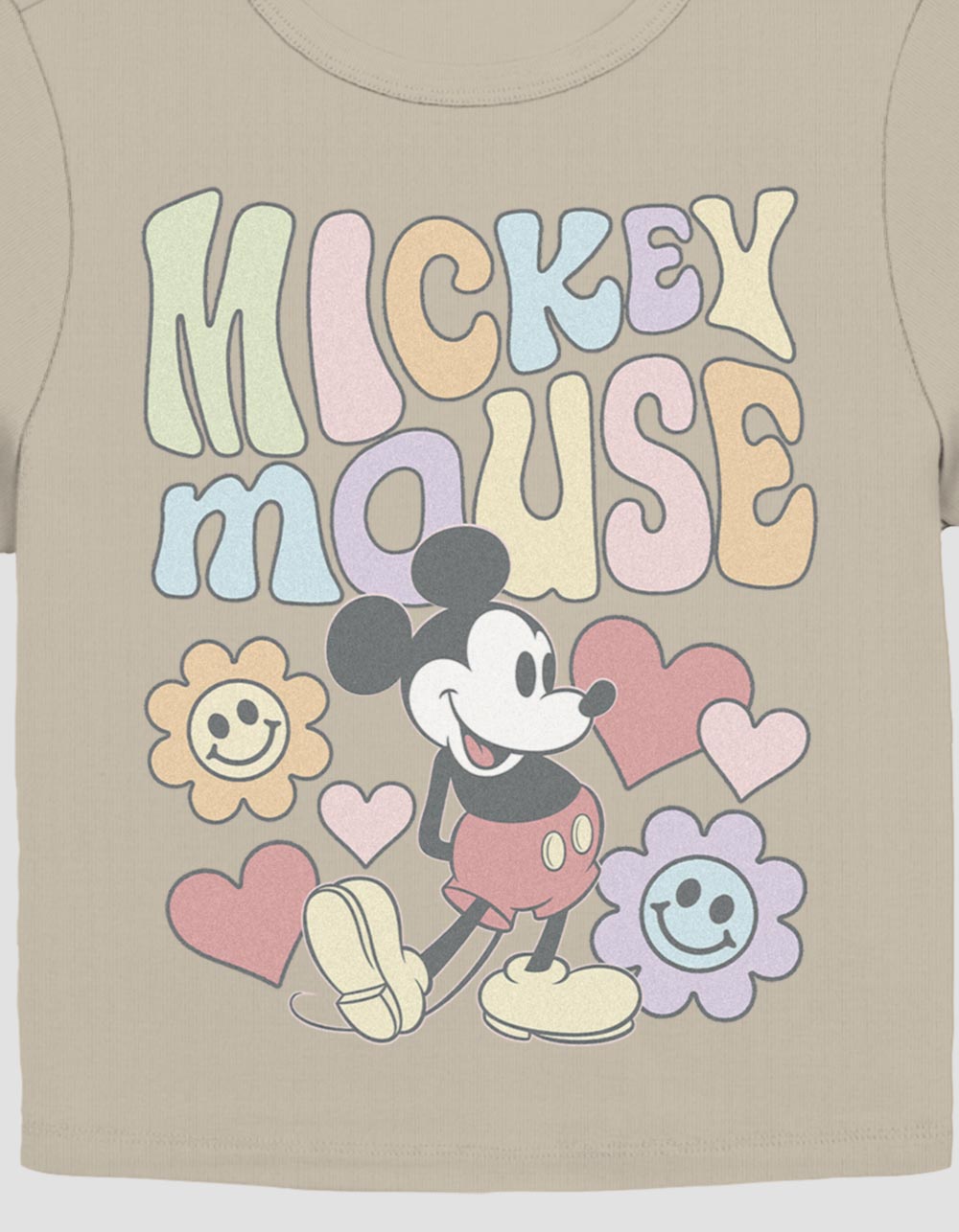 DISNEY Mickey Mouse Retro Flowers Womens Baby Tee - TAUPE