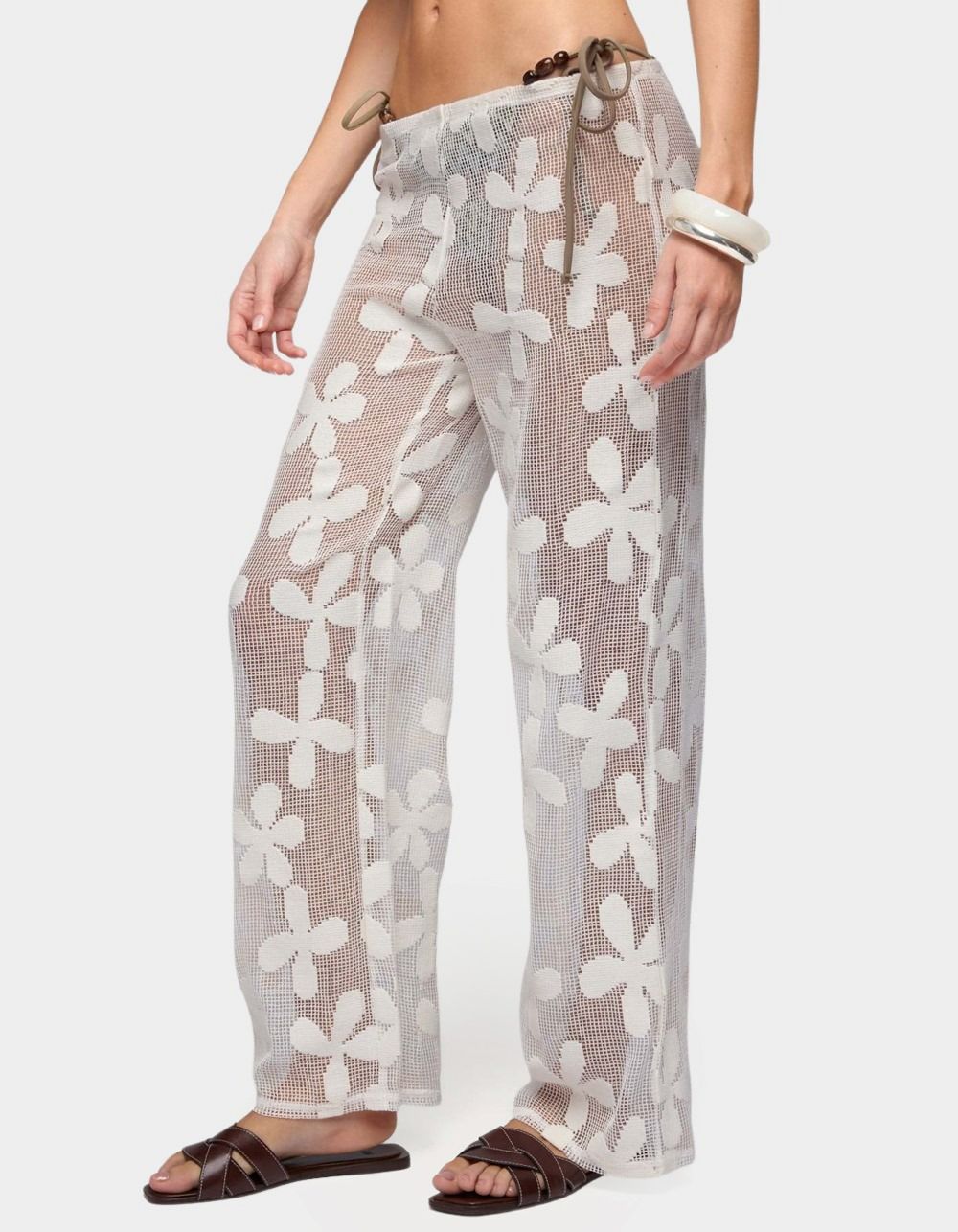 EDIKTED Candace Floral Textured Sheer Pants - BEIGE