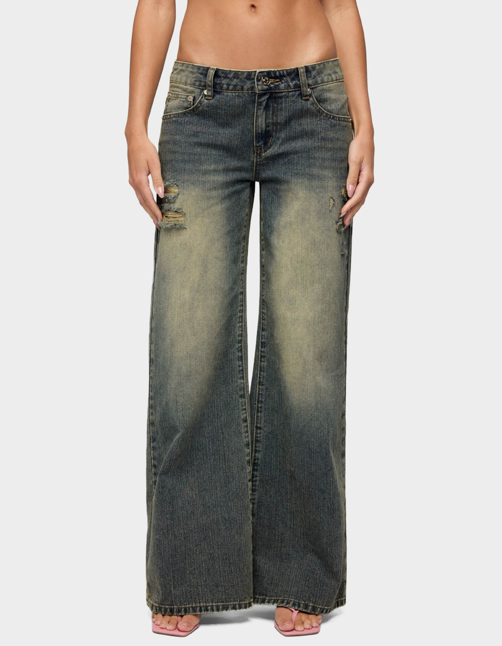 EDIKTED Noor Distressed Low Rise Baggy Jeans - BLUE