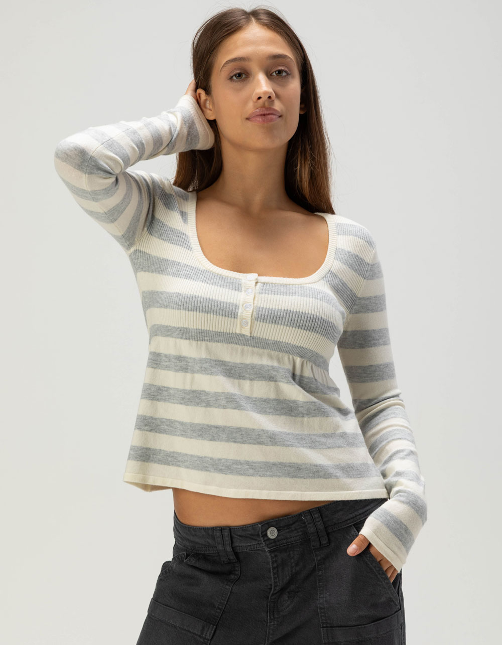 RSQ Womens Stripe Babydoll Sweater - GRAY/WHITE