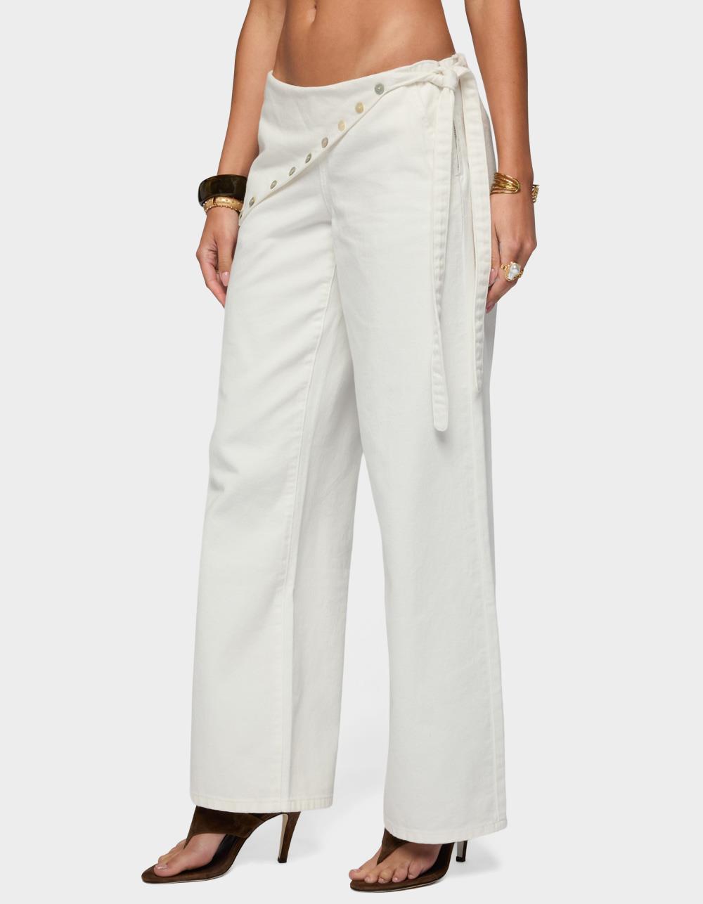 EDIKTED Button Foldover Low Rise Baggy Jeans - WHITE