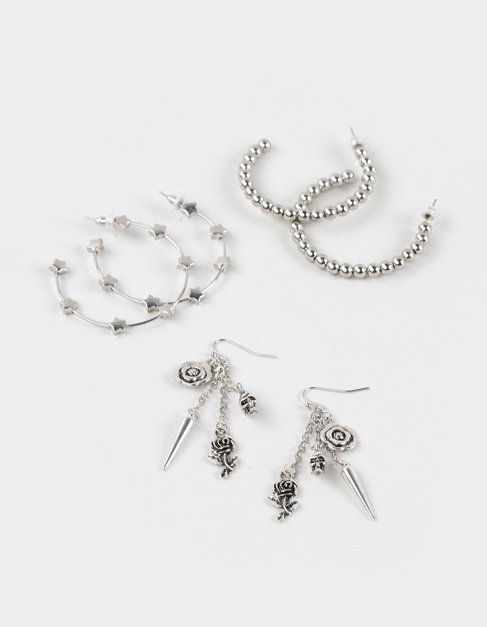 FULL TILT 3 Pack Star/Spike/Rose Hoop Earrings - SILVER
