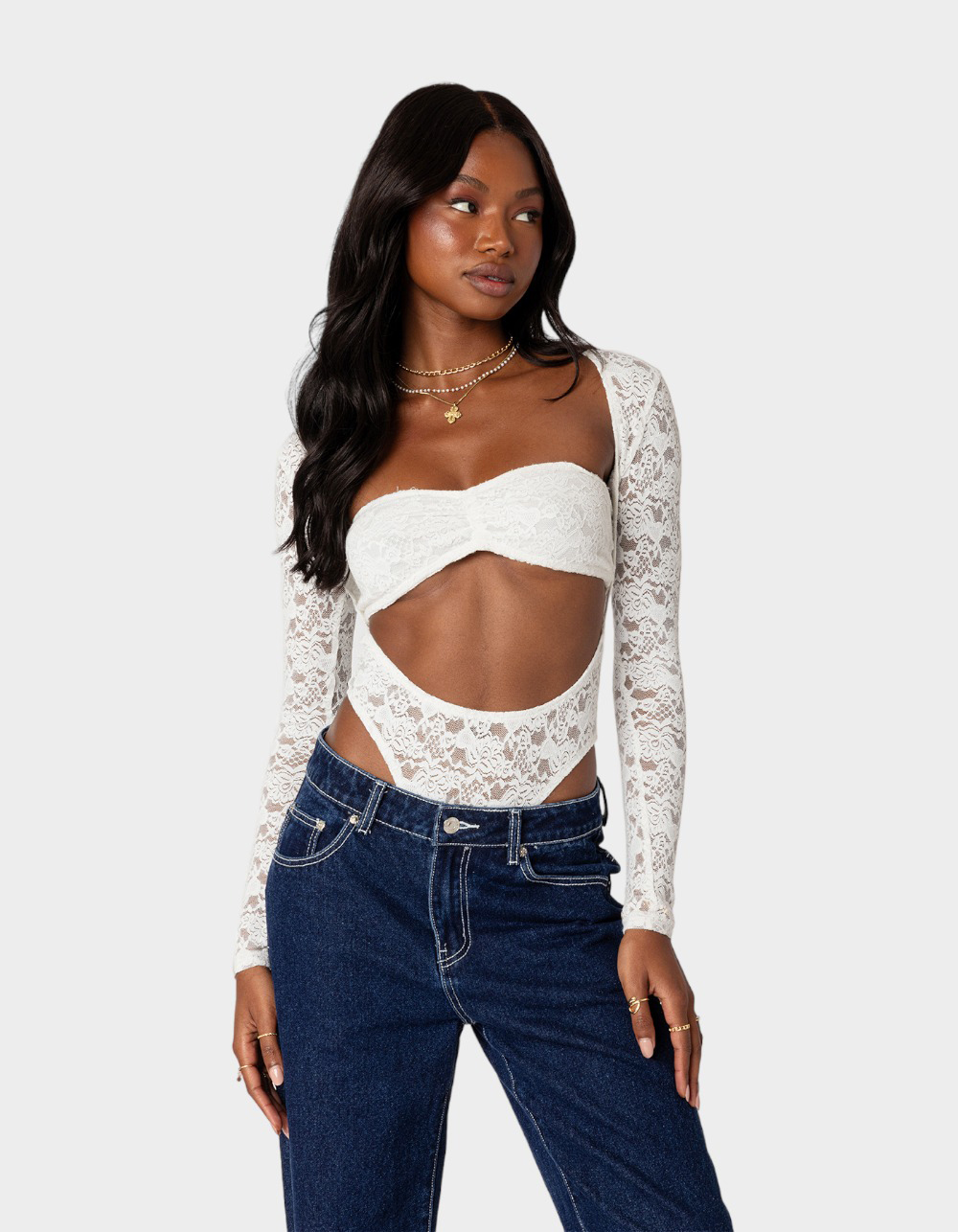 EDIKTED Zoey Sheer Lace Two Piece Womens Bodysuit - WHITE