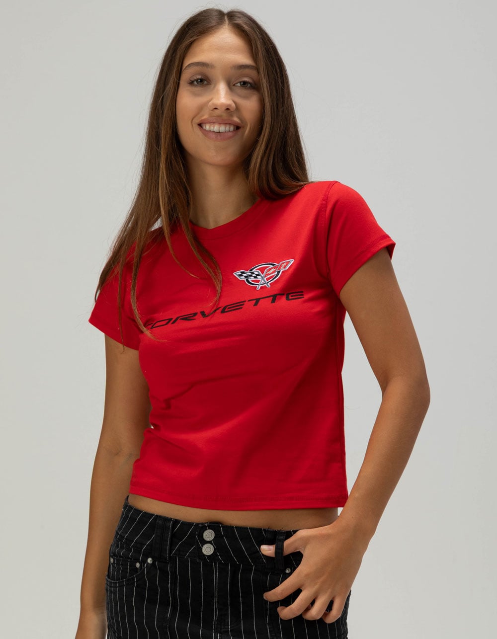 GENERAL MOTORS Corvette Womens Embroidered Baby Tee - RED