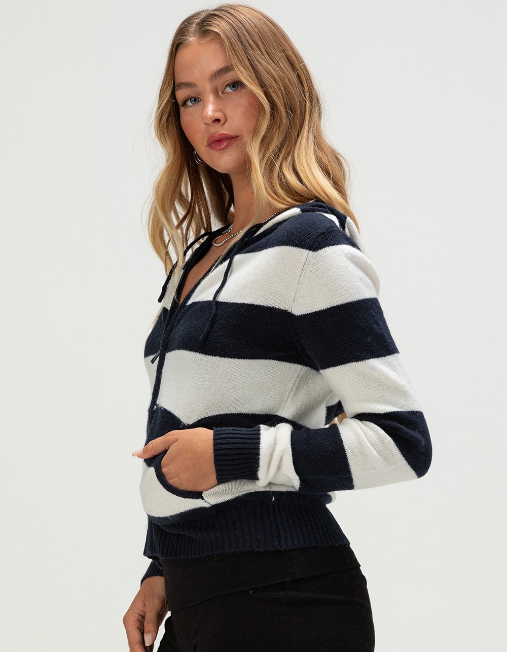 PINK ROSE Womens Stripe Zip-Up Hooded Sweater - NAVY/WHITE
