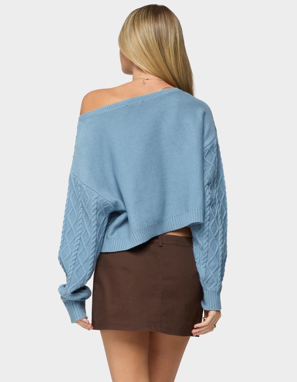 EDIKTED Oversized Off Shoulder Cable Knit Sweater - BLUE