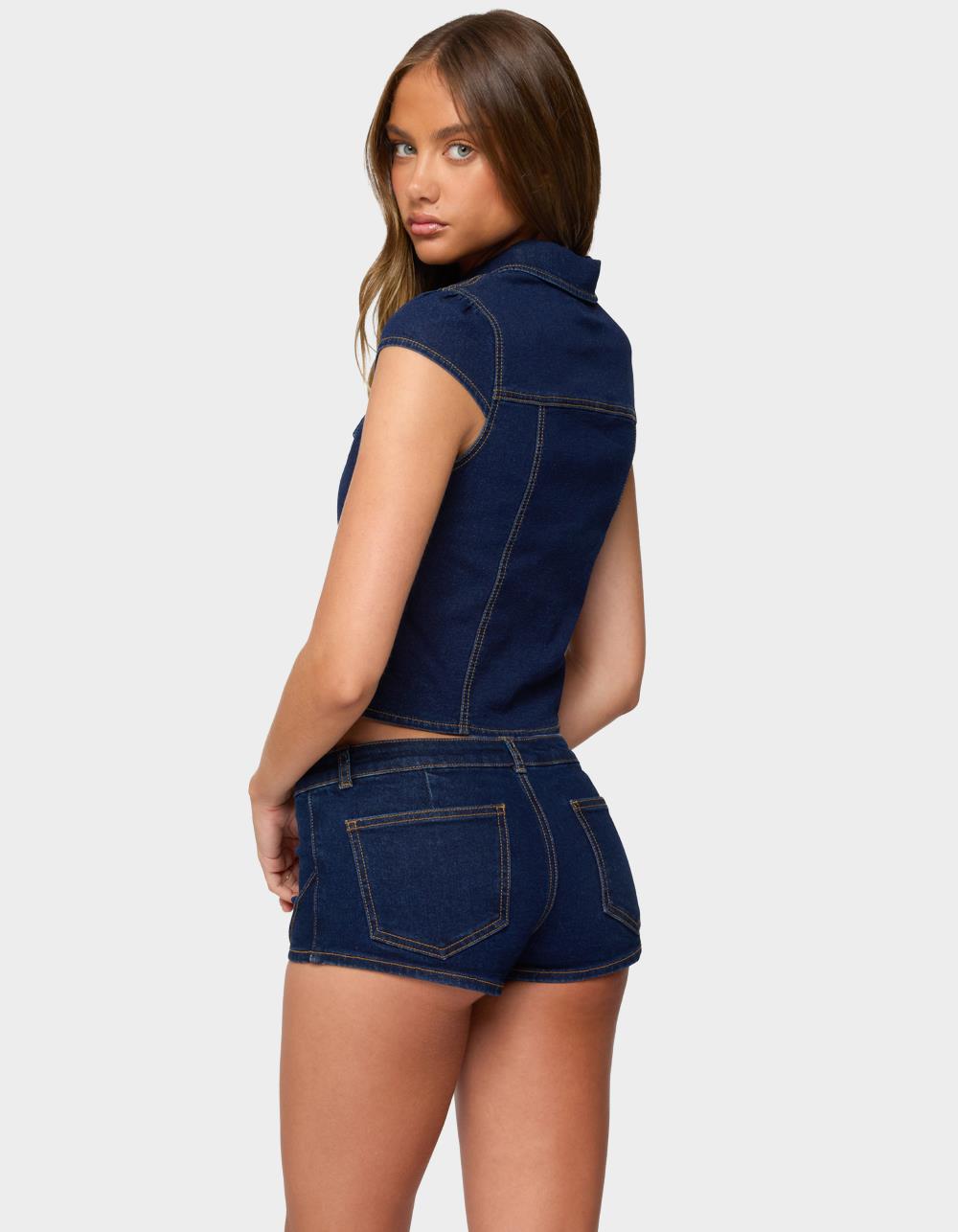 EDIKTED Contrast Stitch Button Up Denim Shirt - DARK BLUE