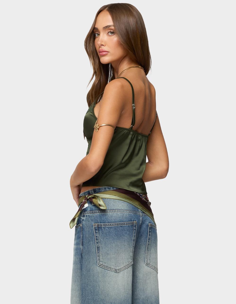 EDIKTED Tamar Satin Effect Tank Top - DK GREEN