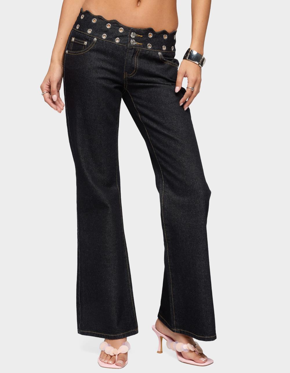 EDIKTED Scalloped Grommet Low Rise Bootcut Jeans - DARK BLUE