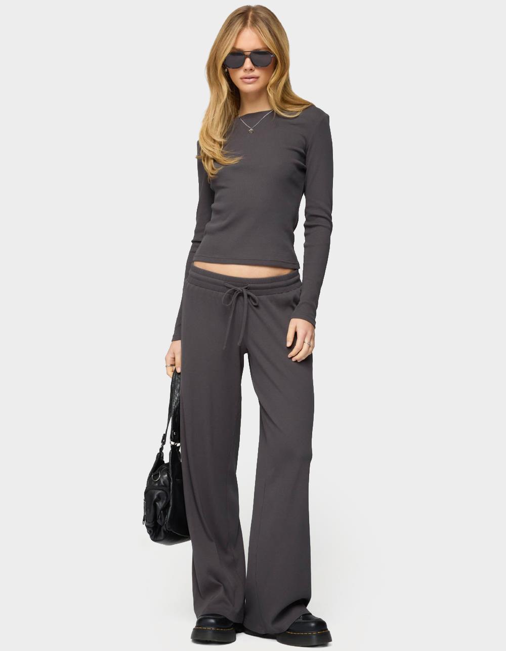 EDIKTED Cicilia Straight Leg Ribbed Pants - GRAY