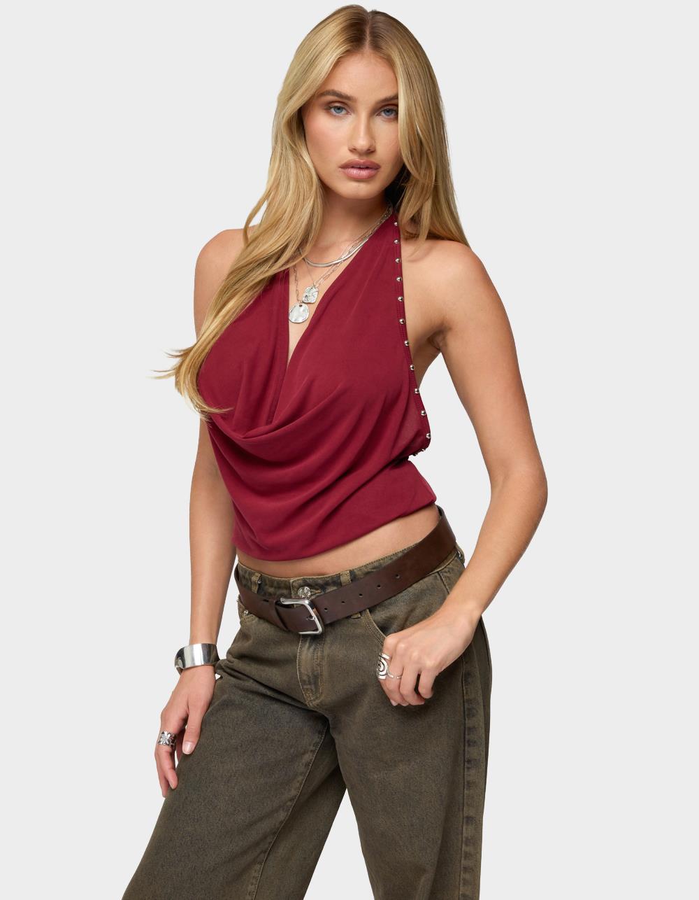 EDIKTED Irina Stud Cowl Neck Halter Top - DK RED