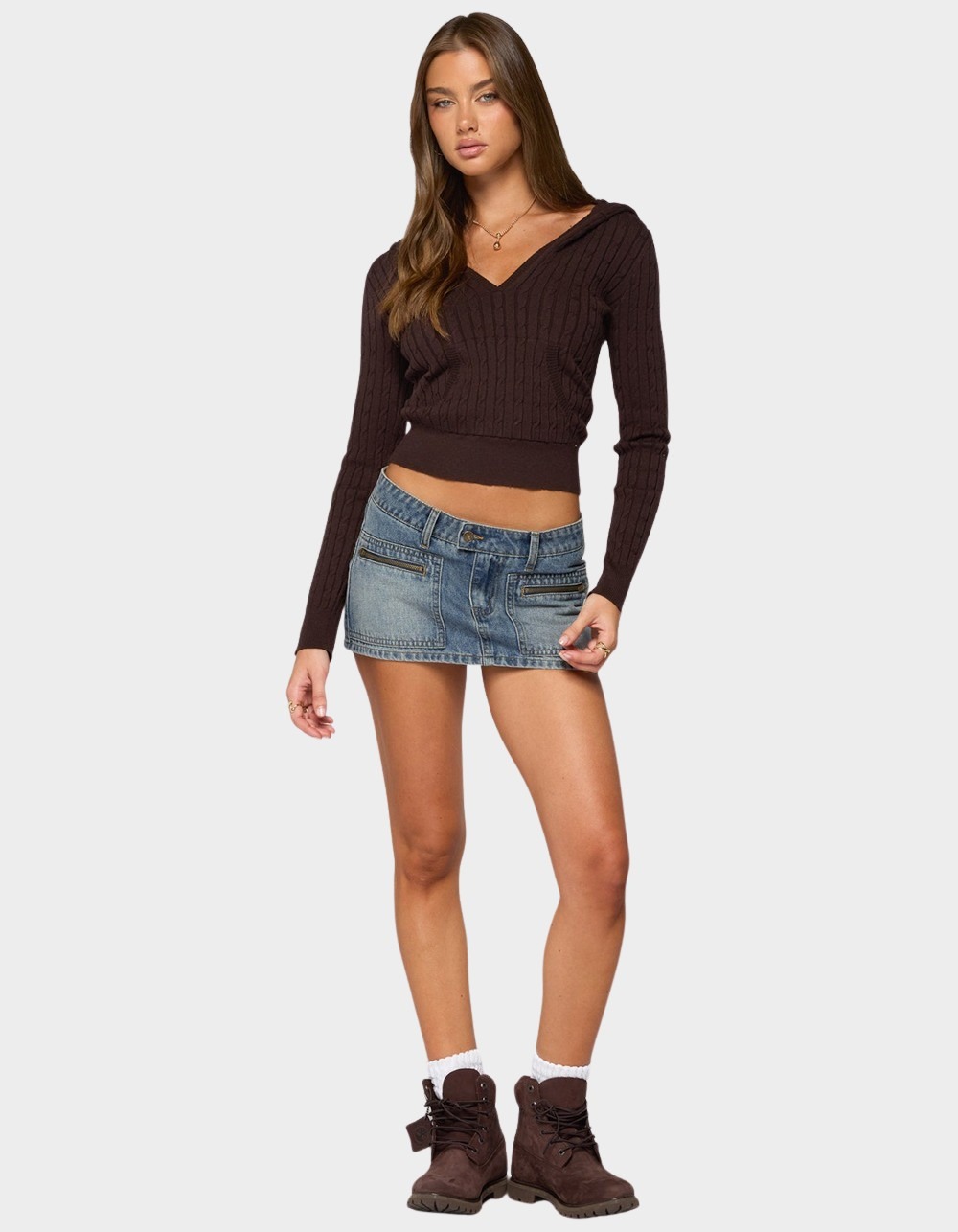 EDIKTED Kimani Cable Knit Hooded Sweater - BROWN