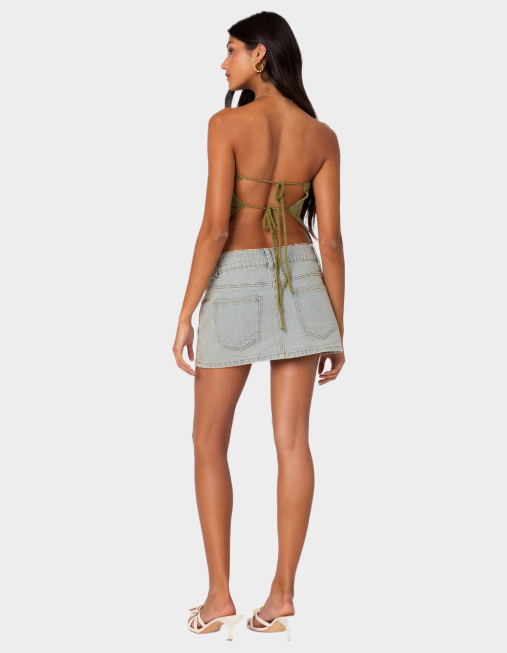 EDIKTED Niki Crochet Strapless Top - DK GREEN
