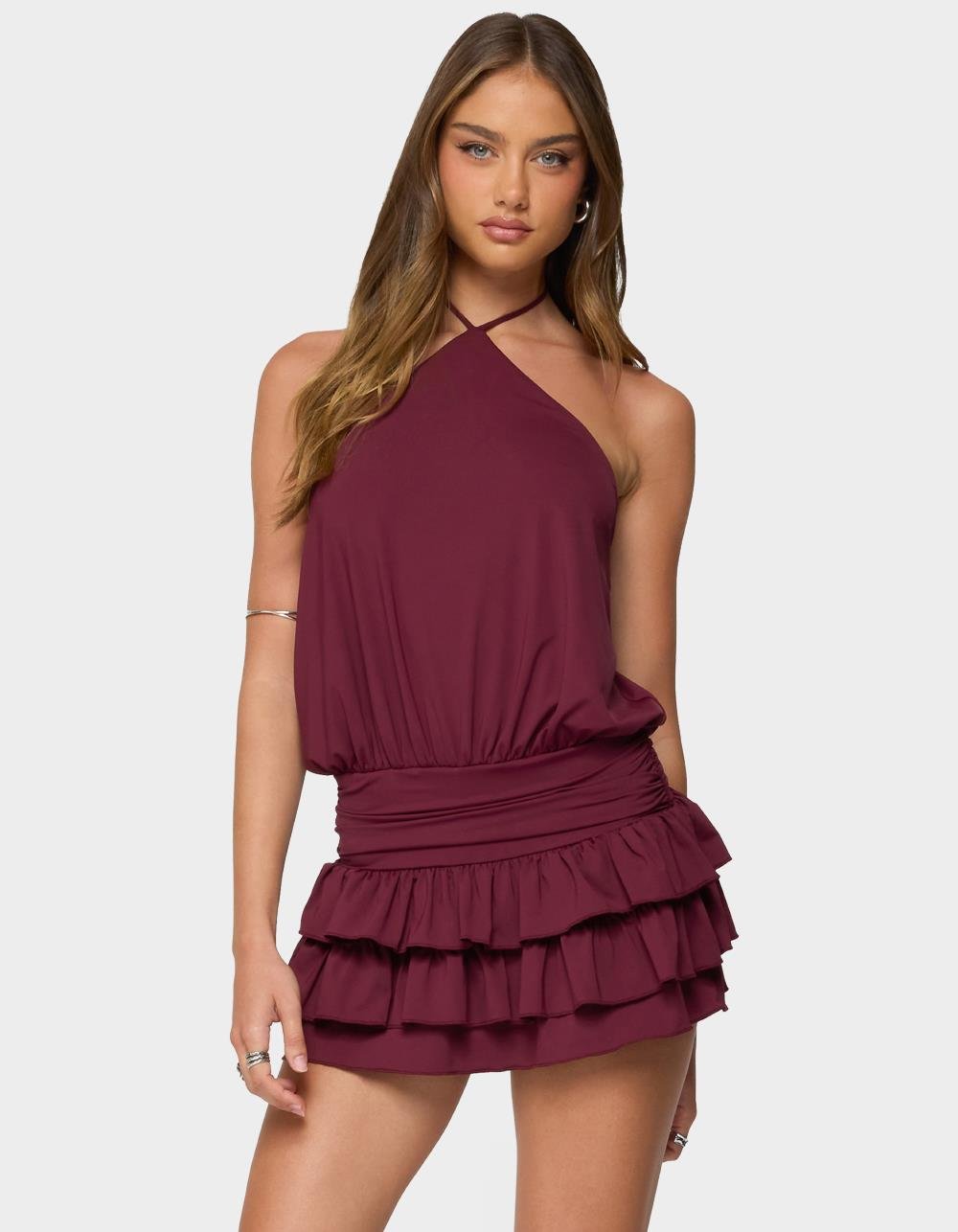 EDIKTED Fontella Ruffled Halter Neck Romper - DK RED