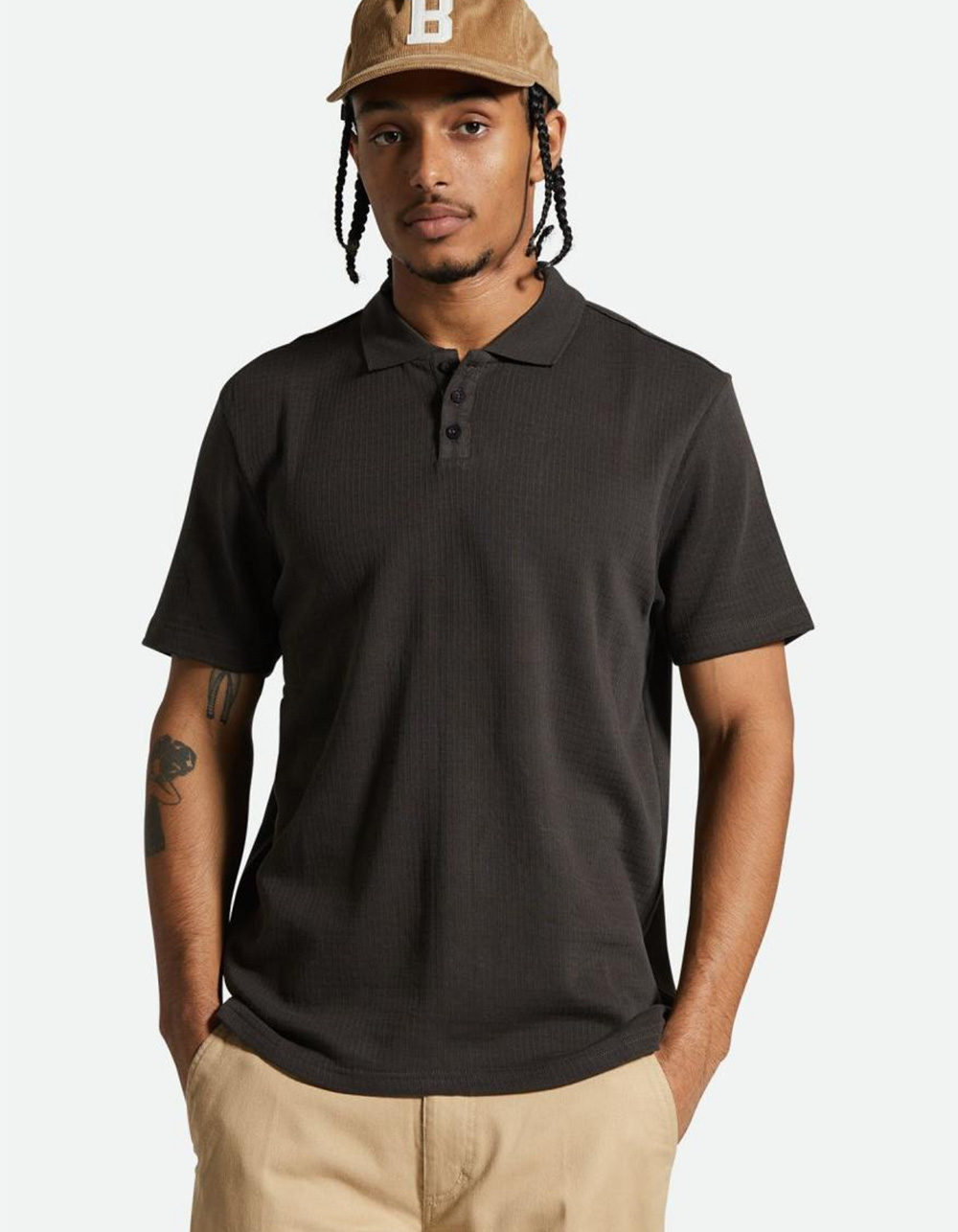 BRIXTON Waffle Mens Polo Shirt - WASHED BLACK
