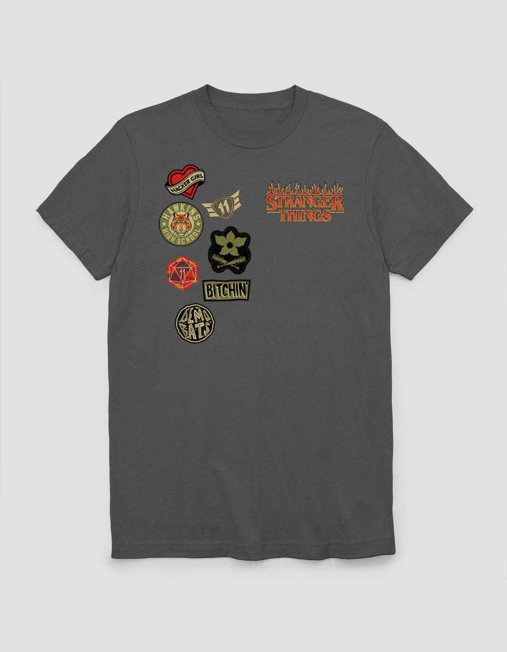 STRANGER THINGS Faux Patches Unisex Tee - CHARCOAL