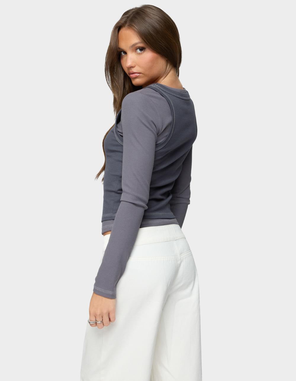 EDIKTED Zane Contrast Layered Long Sleeve Top - GRAY