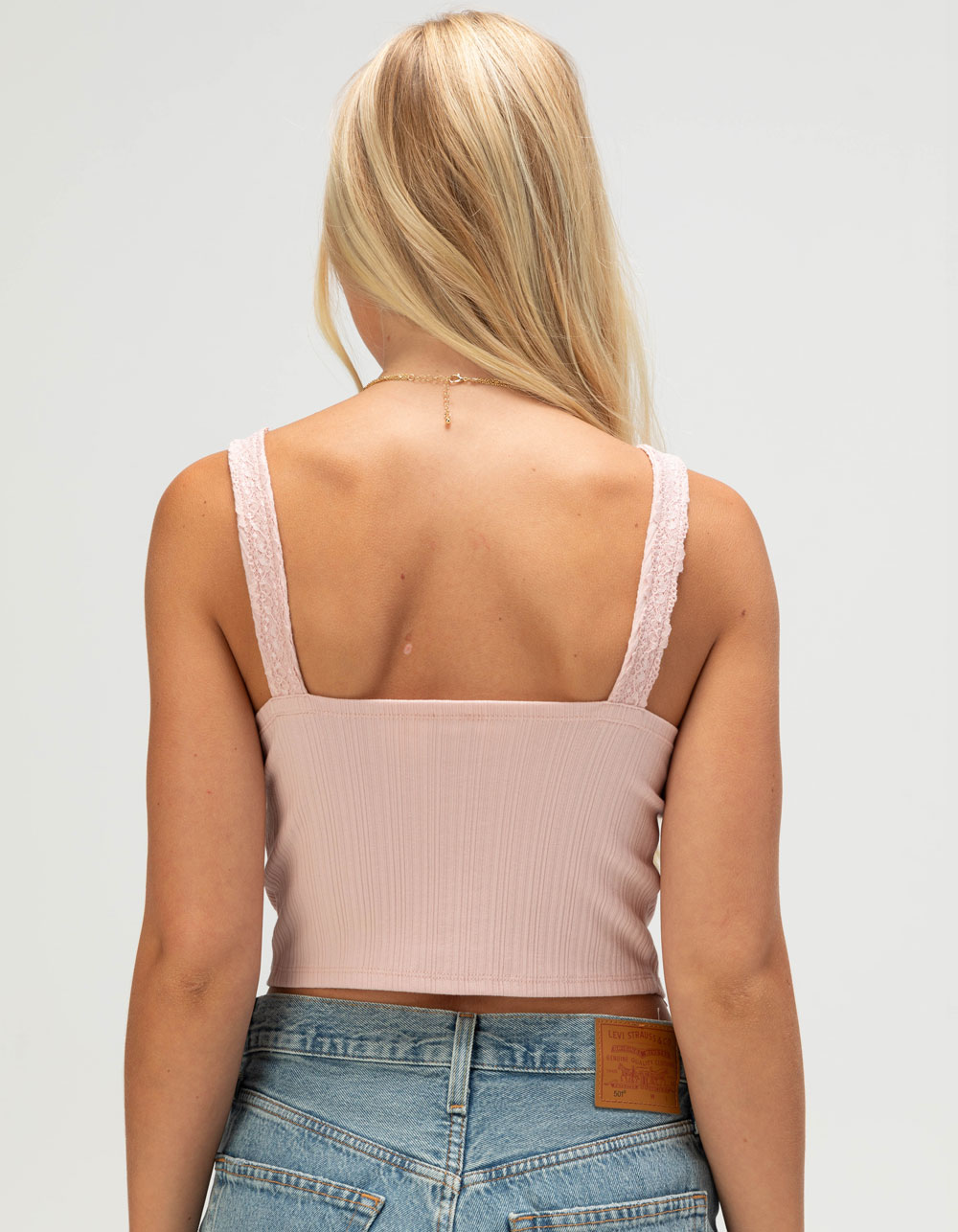 WEST OF MELROSE Lace Trim Keyhole Womens Tank Top - PINK