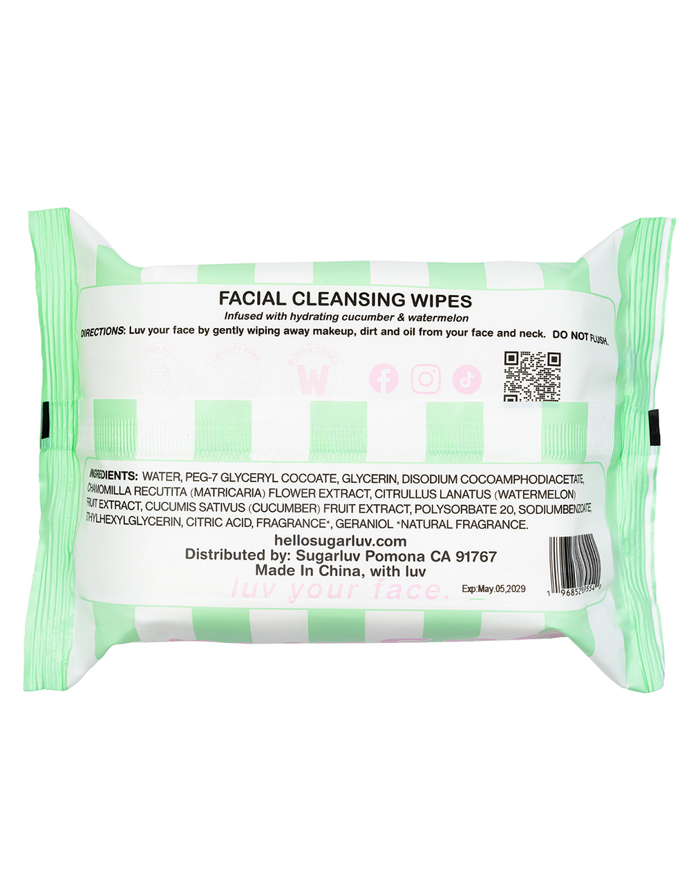 SUGARLUV Micellar Water Facial Cleansing Wipes - GREEN