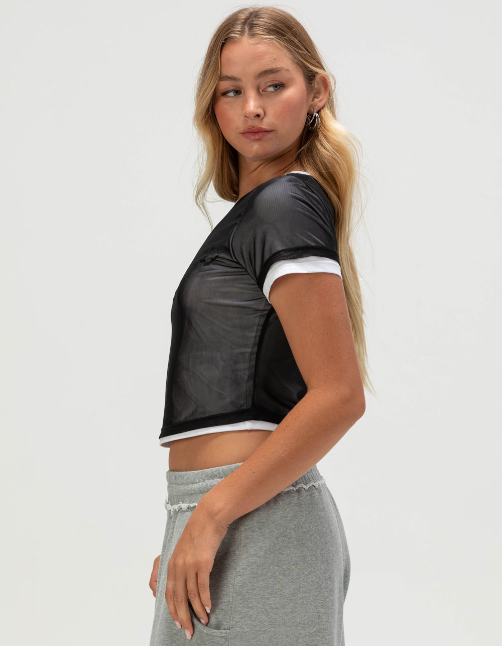 TRUE RELIGION Layered Mesh Wing Womens Tee - BLK/WHT