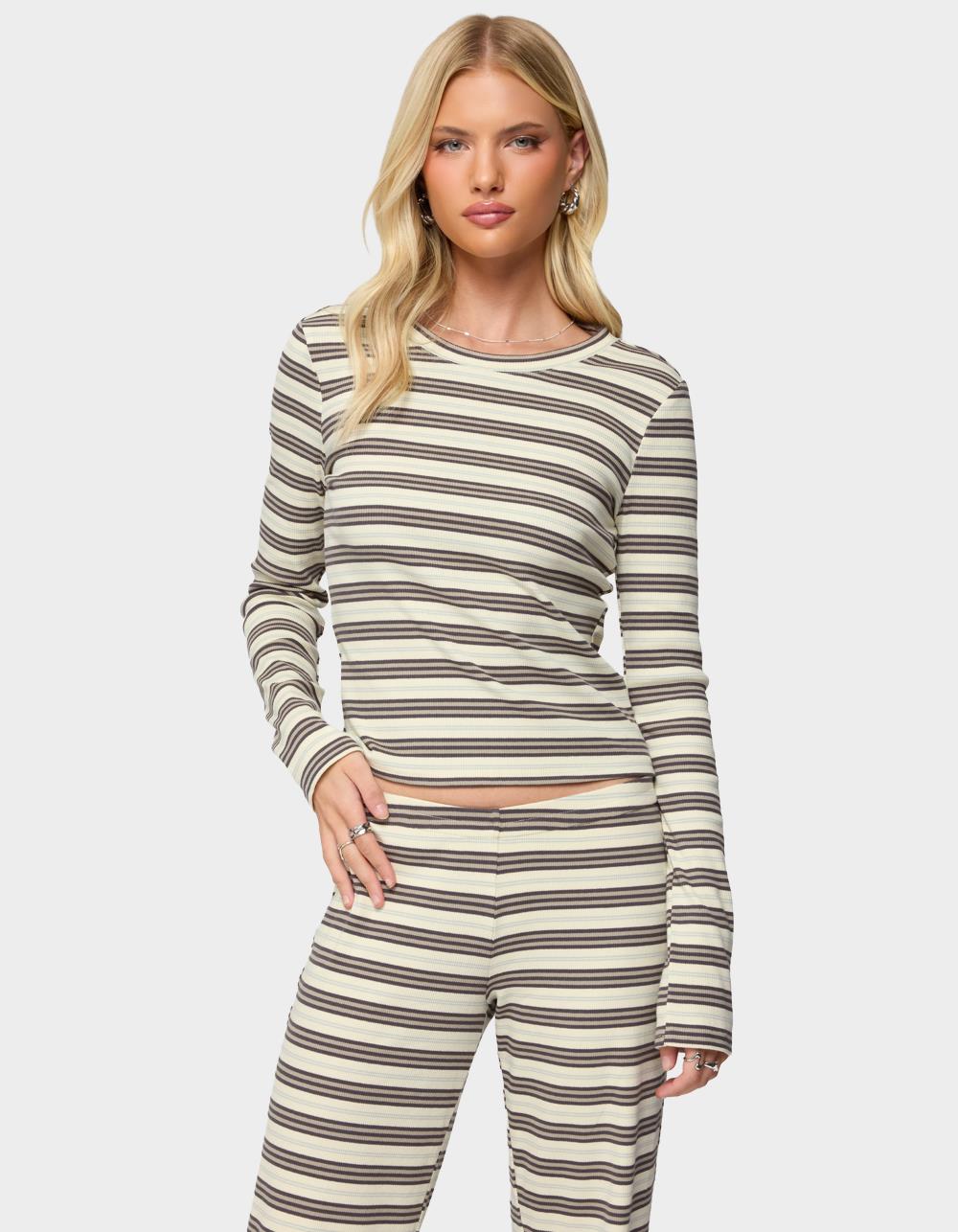 EDIKTED Avalie Striped Ribbed Long Sleeve Tee - BLACK