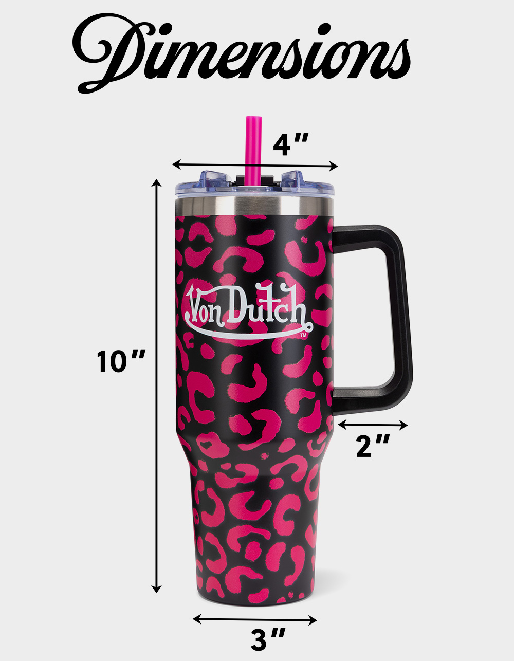 VON DUTCH 40oz Hot Pink Cheetah Double Walled Insulated Stainless Steel Tumbler - CHEETAH
