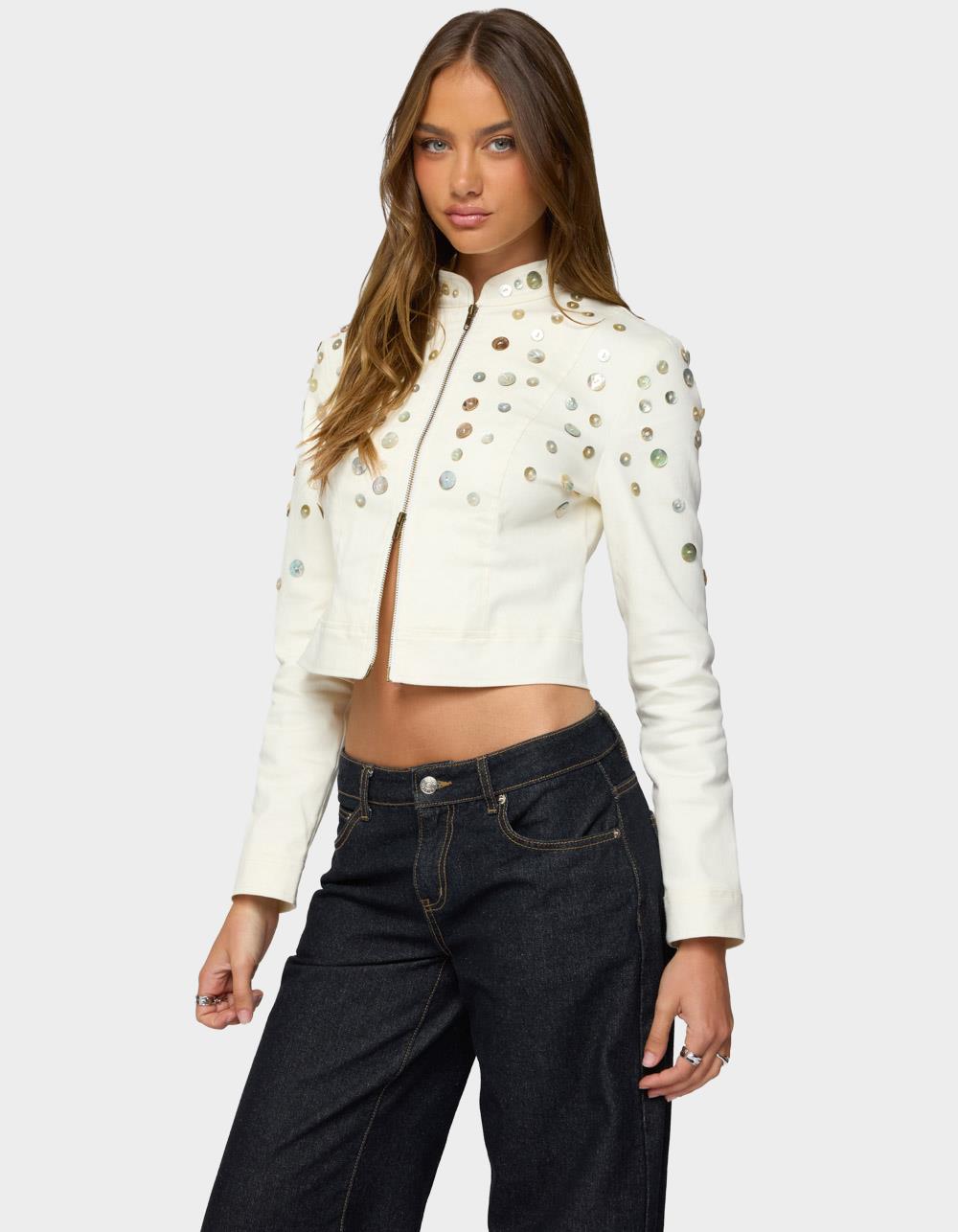 EDIKTED Elira Iridescent Fitted Jacket - BEIGE