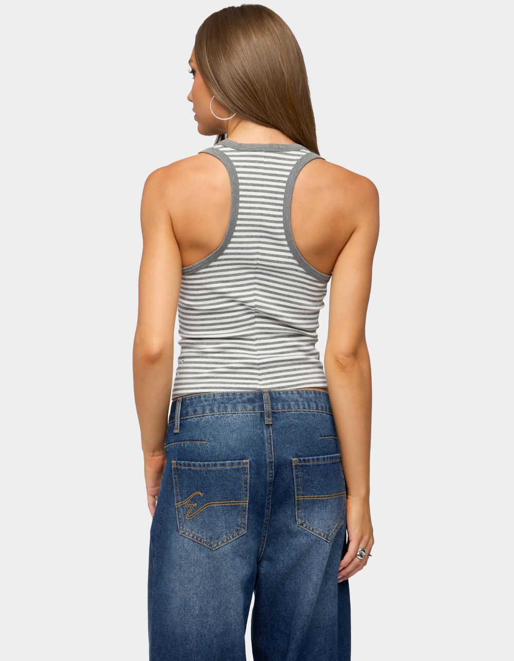 EDIKTED Sindy Grommet & Stud Striped Tank Top - GRAY
