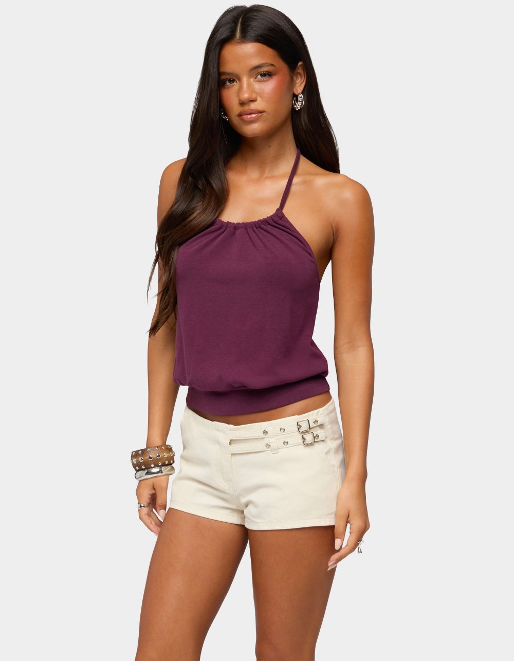 EDIKTED Bondi Cinched Waist Halter Top - PURPLE