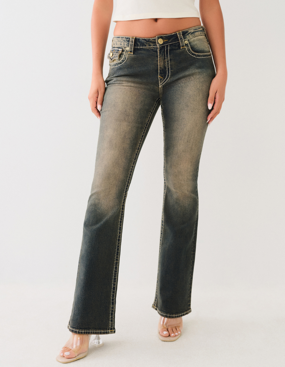 TRUE RELIGION Becca Vintage Wash Big T Womens Bootcut Jeans - Dark Wash
