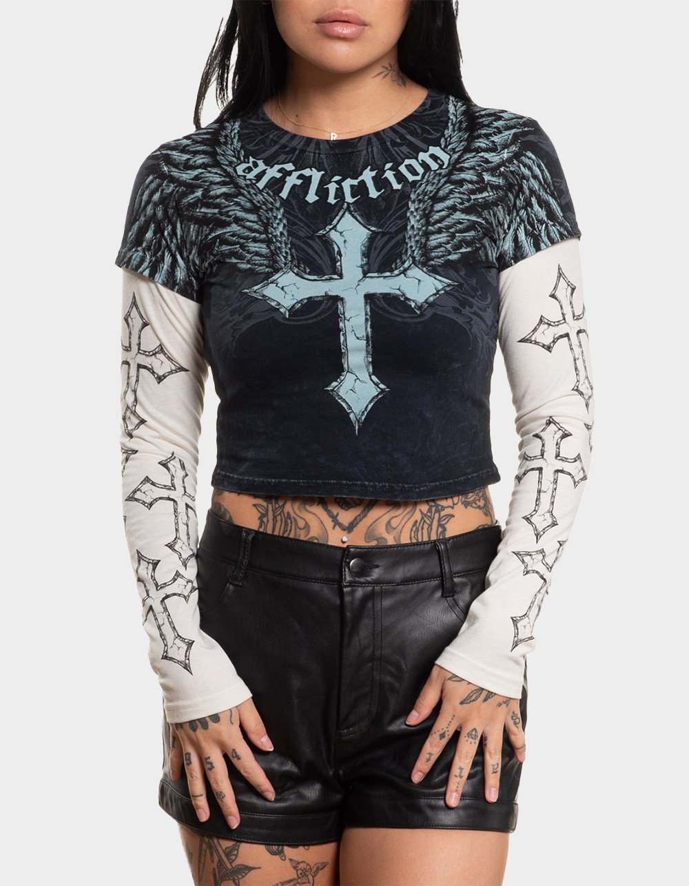 AFFLICTION Criss Cross Womens Long Sleeve 2fer Tee - BLK/WHT