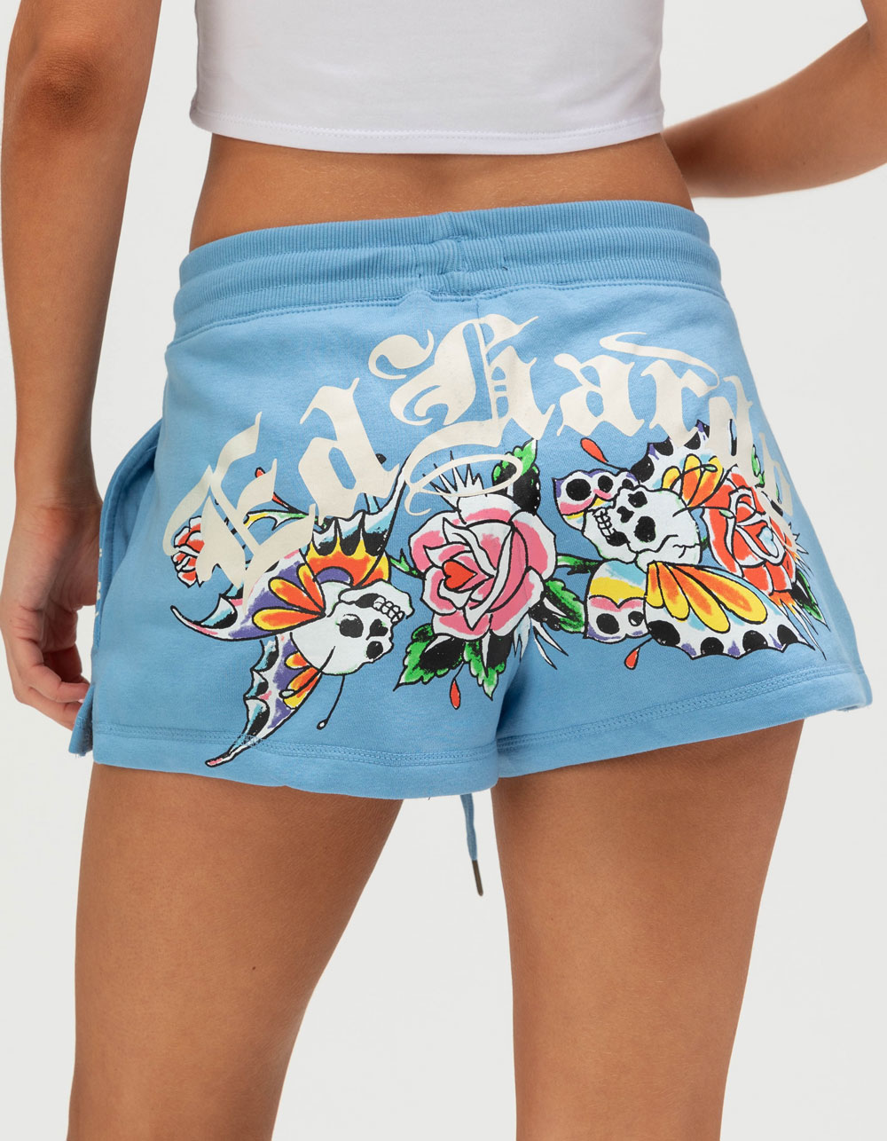 ED HARDY Flower Skulls Womens Fleece Shorts - BLUE