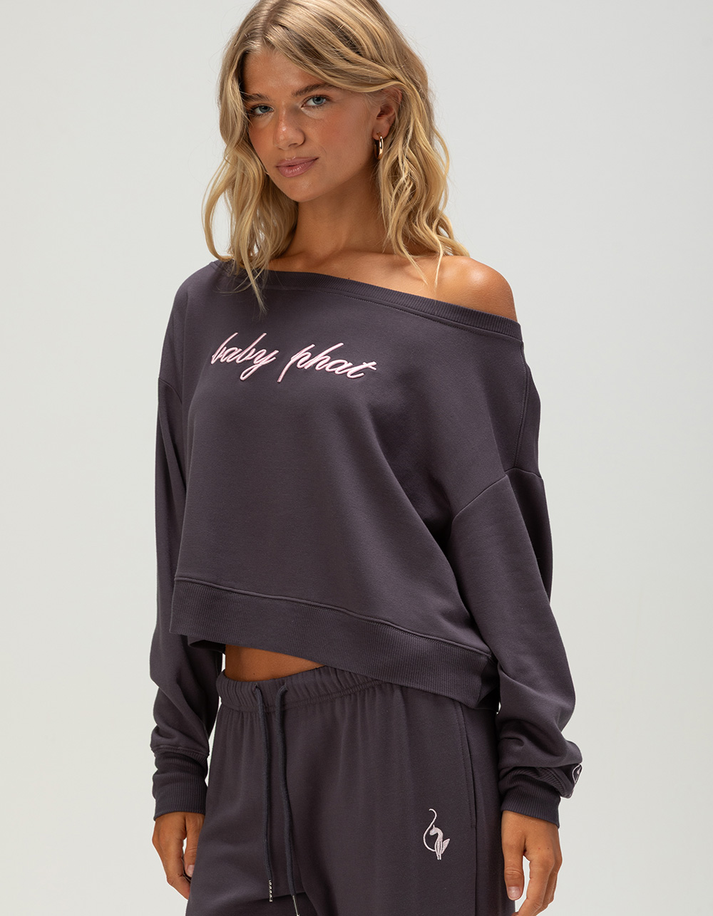BABY PHAT Off The Shoulder Womens Sweatshirt - GUNMETAL