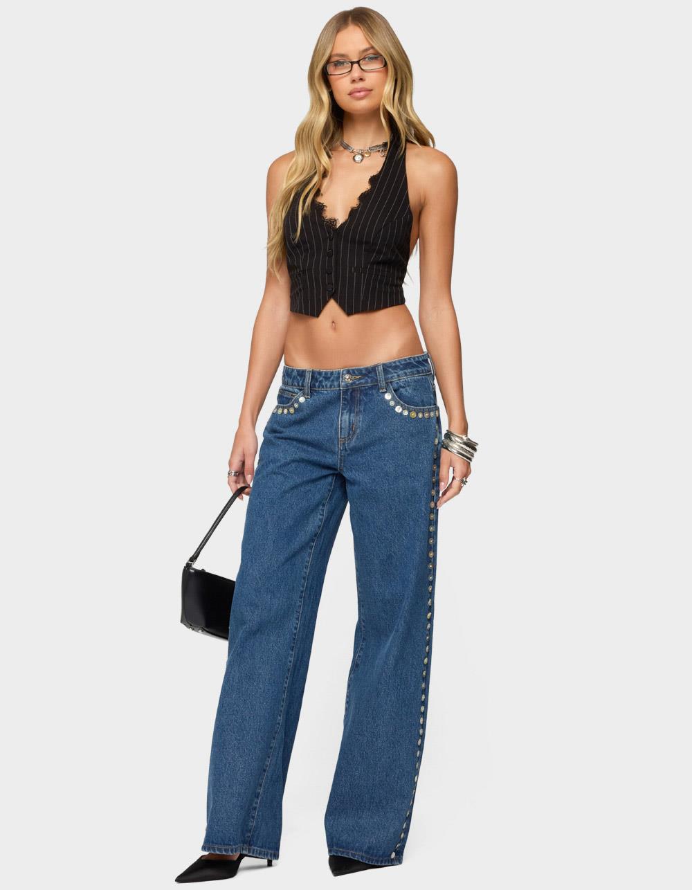 EDIKTED Iridescent Button Low Rise Jeans - LIGHT BLUE