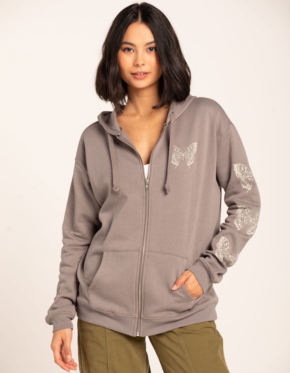 FULL TILT Butterfly Womens Zip-Up Hoodie - LIGHT GRAY | Tillys