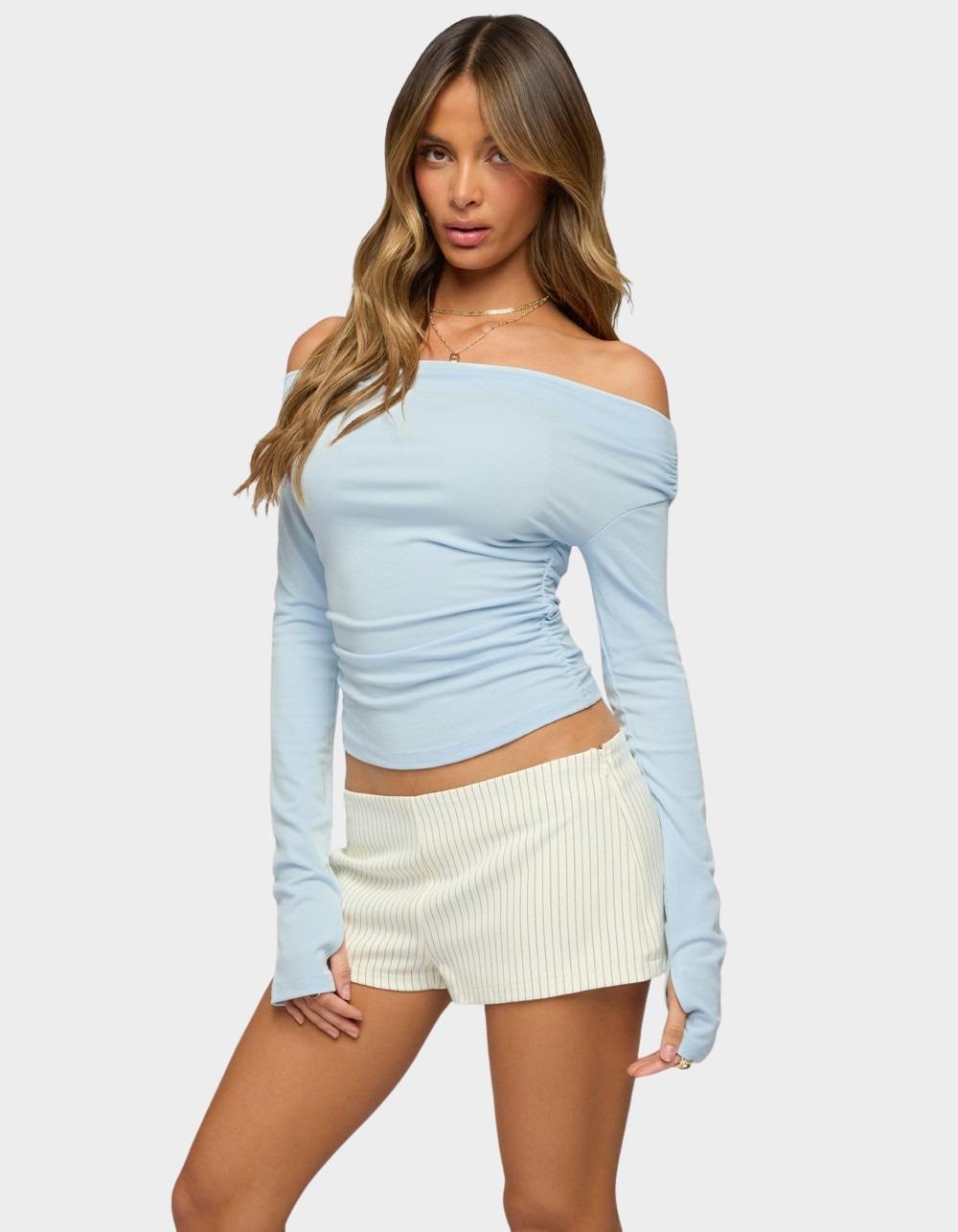 EDIKTED Milane Ruched Off Shoulder Ribbed Top - LIGHT BLUE