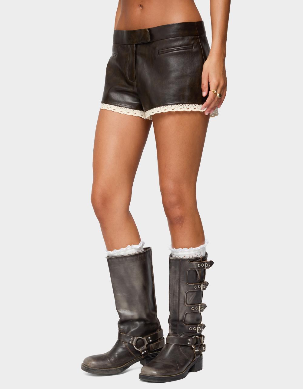 EDIKTED Lissa Lacey Faux Leather Shorts - DARK BROWN