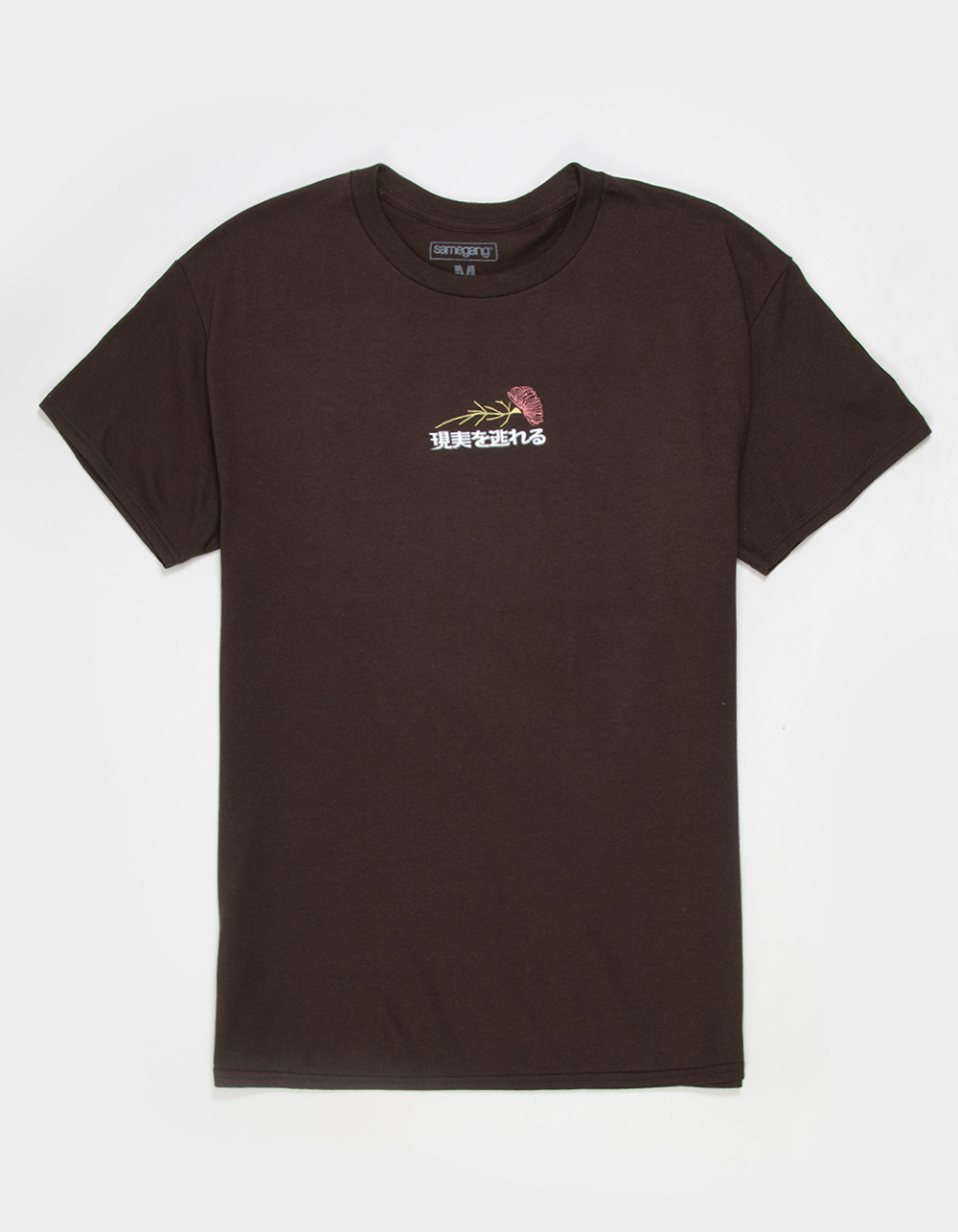 SAME GANG Reality Flower Embroidered Mens Tee - BROWN
