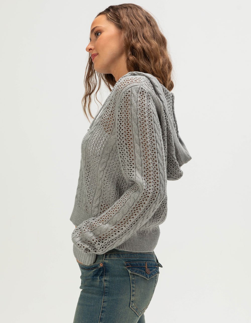 RSQ Womens Open Knit Zip-Up Hooded Sweater - HEATHER GRAY