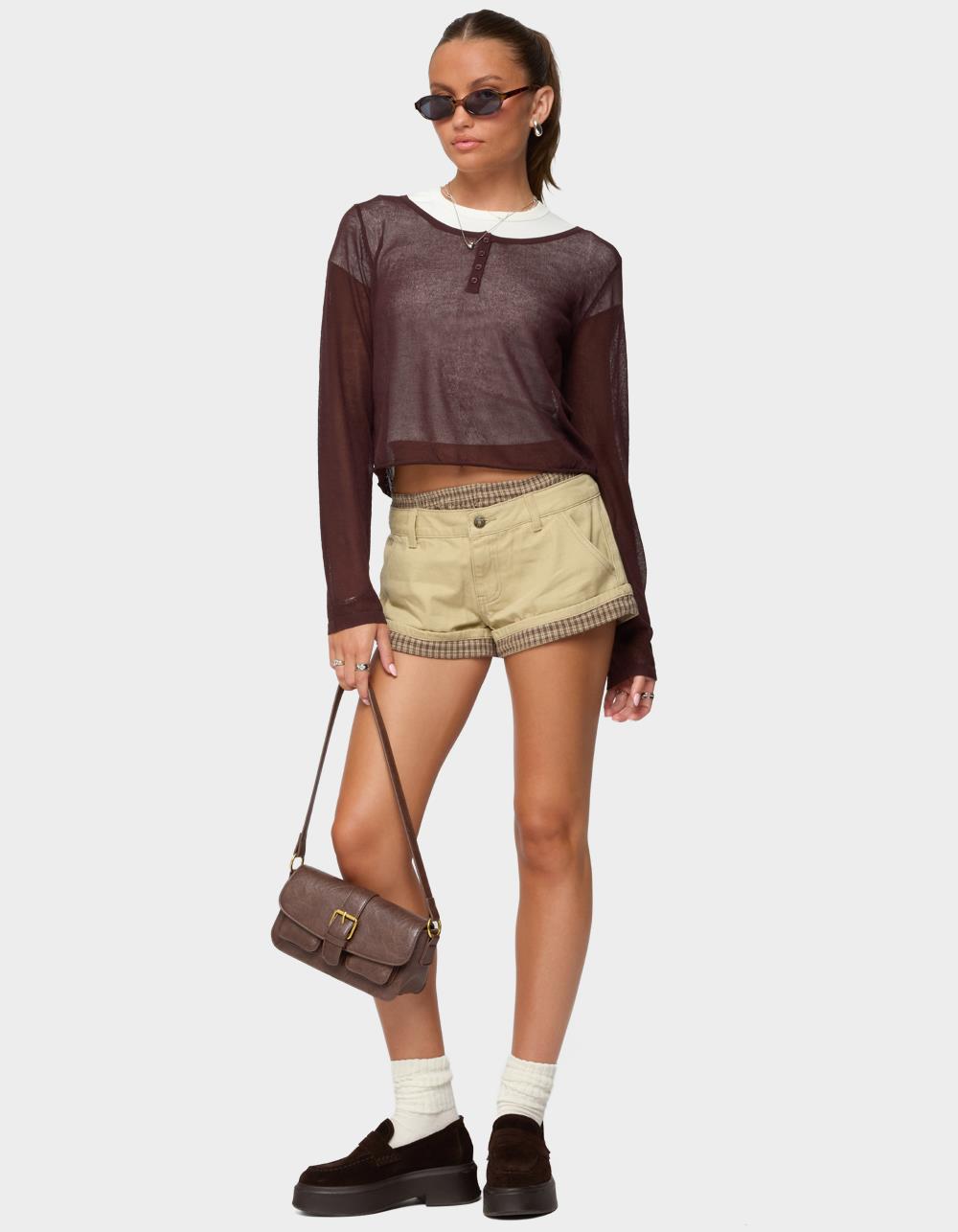 EDIKTED Peekaboo Plaid Boxer Shorts - BEIGE