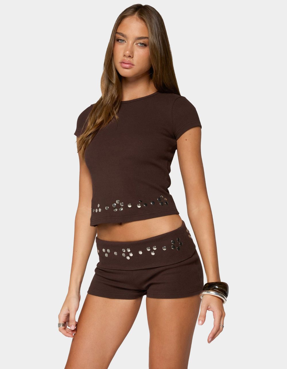 EDIKTED Fontey Studded Ribbed Top - BROWN