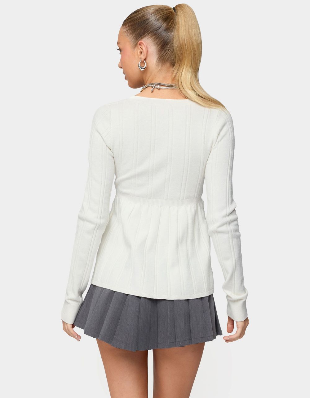 EDIKTED Saphey Babydoll Cable Knit Top - LIGHT GRAY