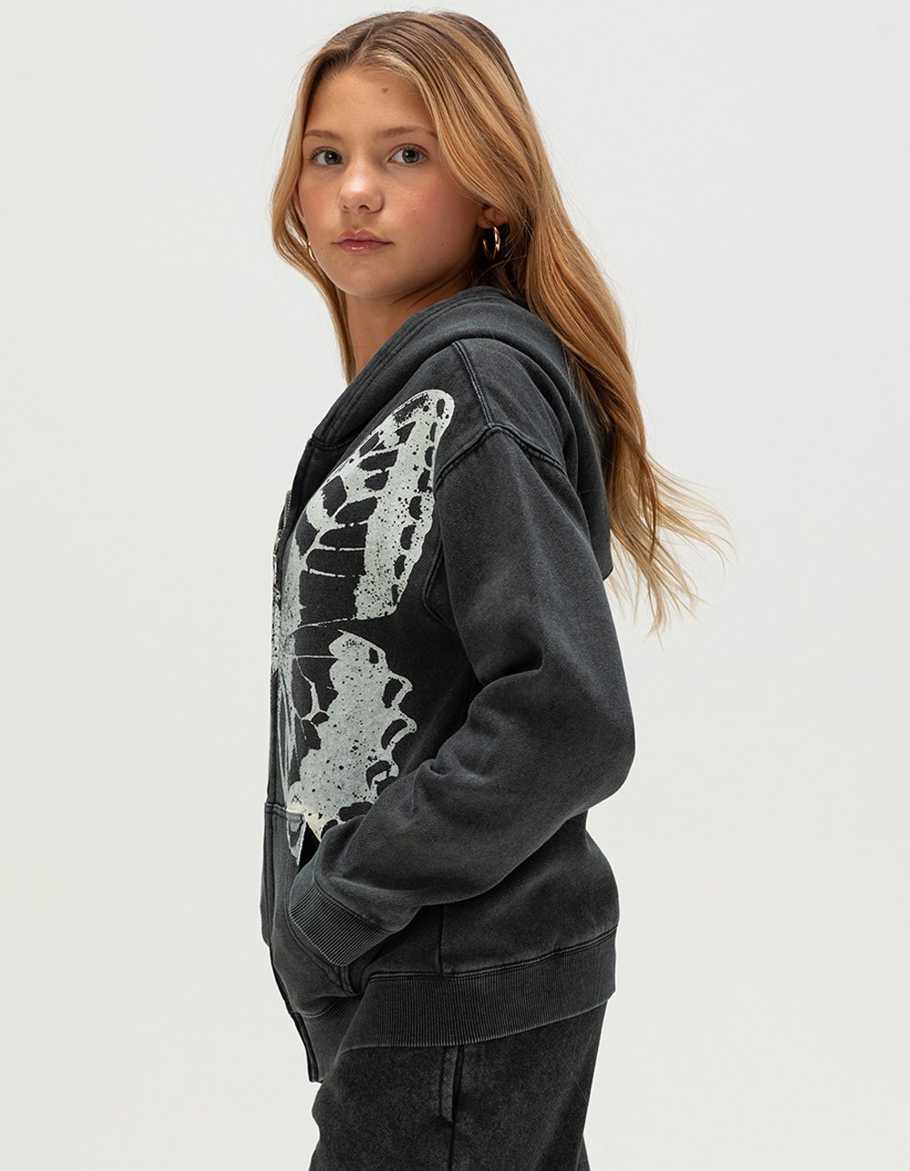 FULL TILT WASHED Butterfly Girls Zip-Up Hoodie - BLACK