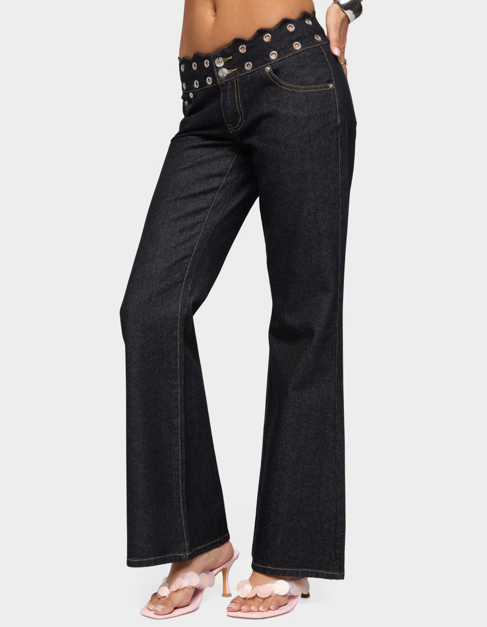 EDIKTED Scalloped Grommet Low Rise Bootcut Jeans - DARK BLUE